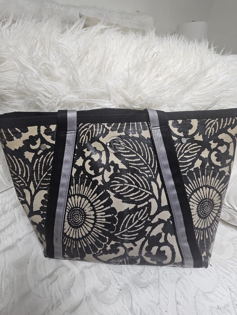 lululemon athletica Black and Cream Floral Canvas Tote
